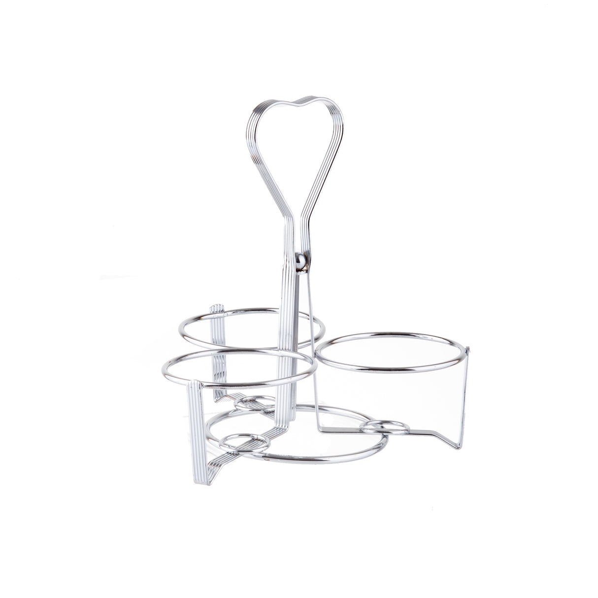 A chrome plated, silver wire metal holder by TableCraft features a heart-shaped handle on top and three circular compartments below, perfect as a syrup dispenser rack. The holder stands on a white background.