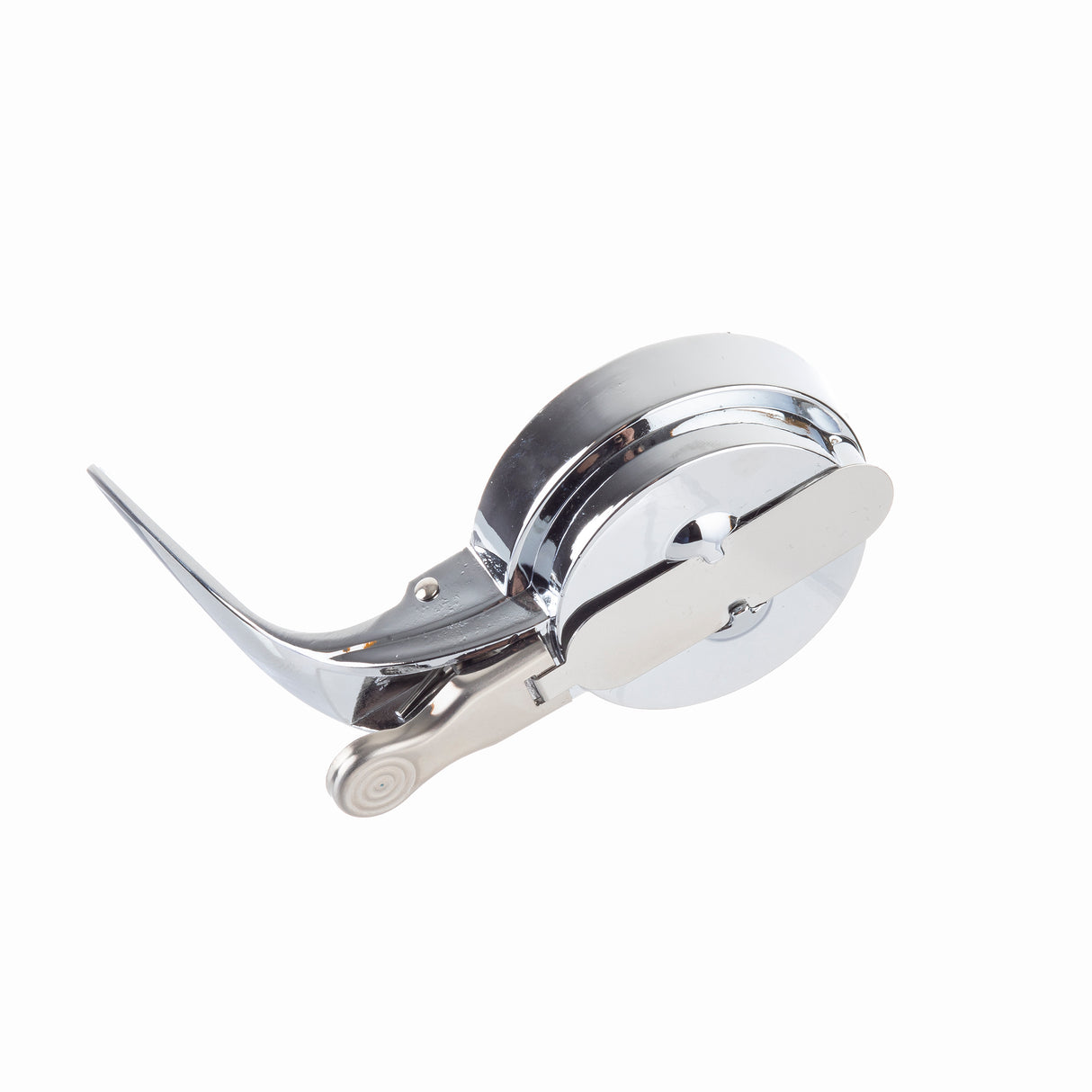 A shiny metal pizza cutter with a round rotary blade, curved handle, and integrated thumb guard is photographed on a white background. The handle features a textured design for grip, and the utensil is dishwasher safe for easy cleaning.