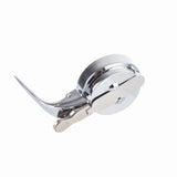 A shiny metal pizza cutter with a round rotary blade, curved handle, and integrated thumb guard is photographed on a white background. The handle features a textured design for grip, and the utensil is dishwasher safe for easy cleaning.