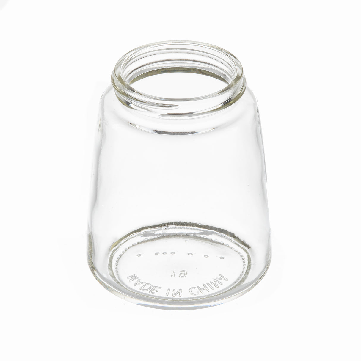 A clear, empty 8 oz. glass jar is shown upside down on a white background. The wide opening and markings—MADE IN CHINA, small raised dots, and B1—are visible through the dishwasher safe glass base.