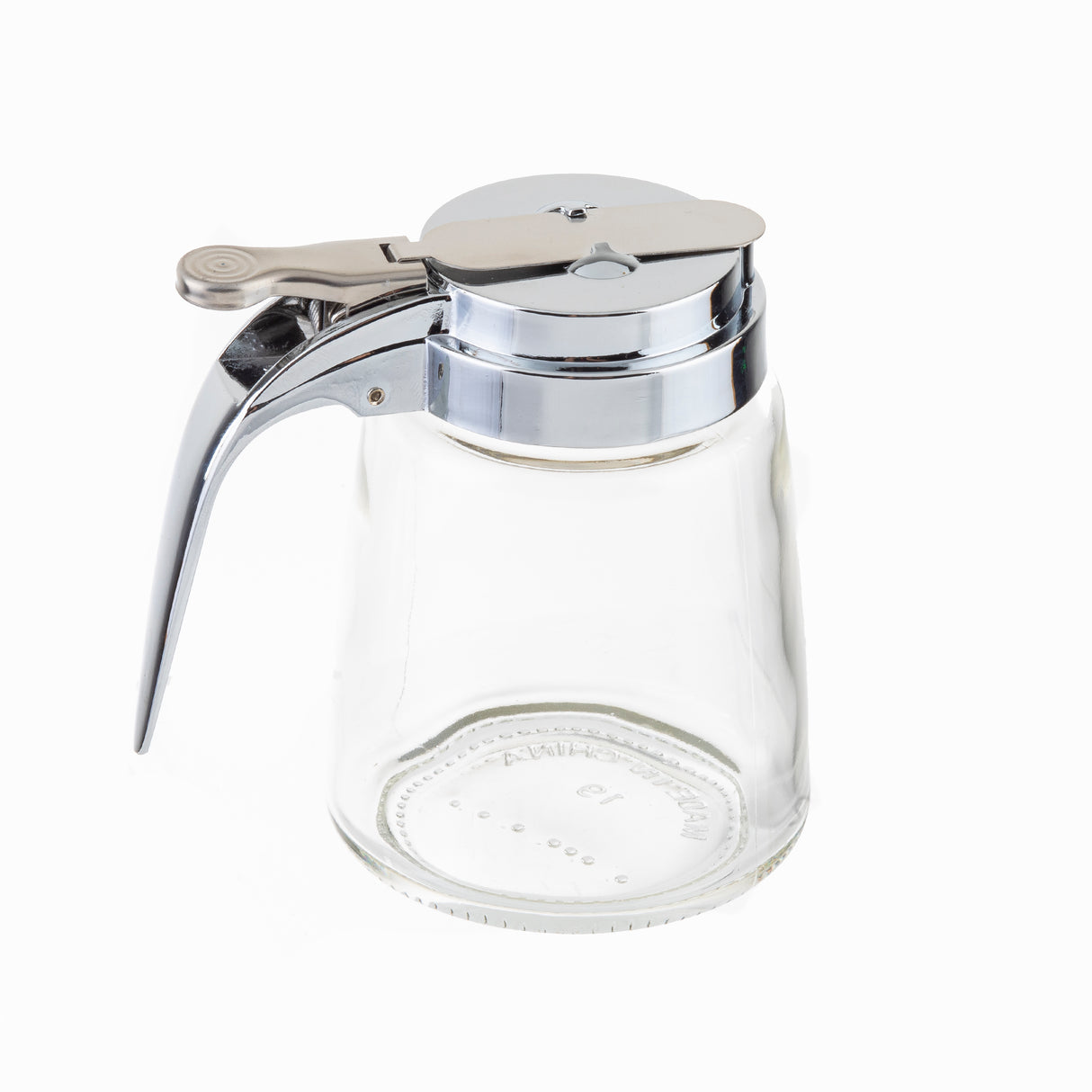 A modern glass dispenser, this 8 oz. syrup jar features a wide body, shiny silver metal lid, and a hinged lever handle for easy pouring. Dishwasher safe and empty, it’s displayed on a white background.