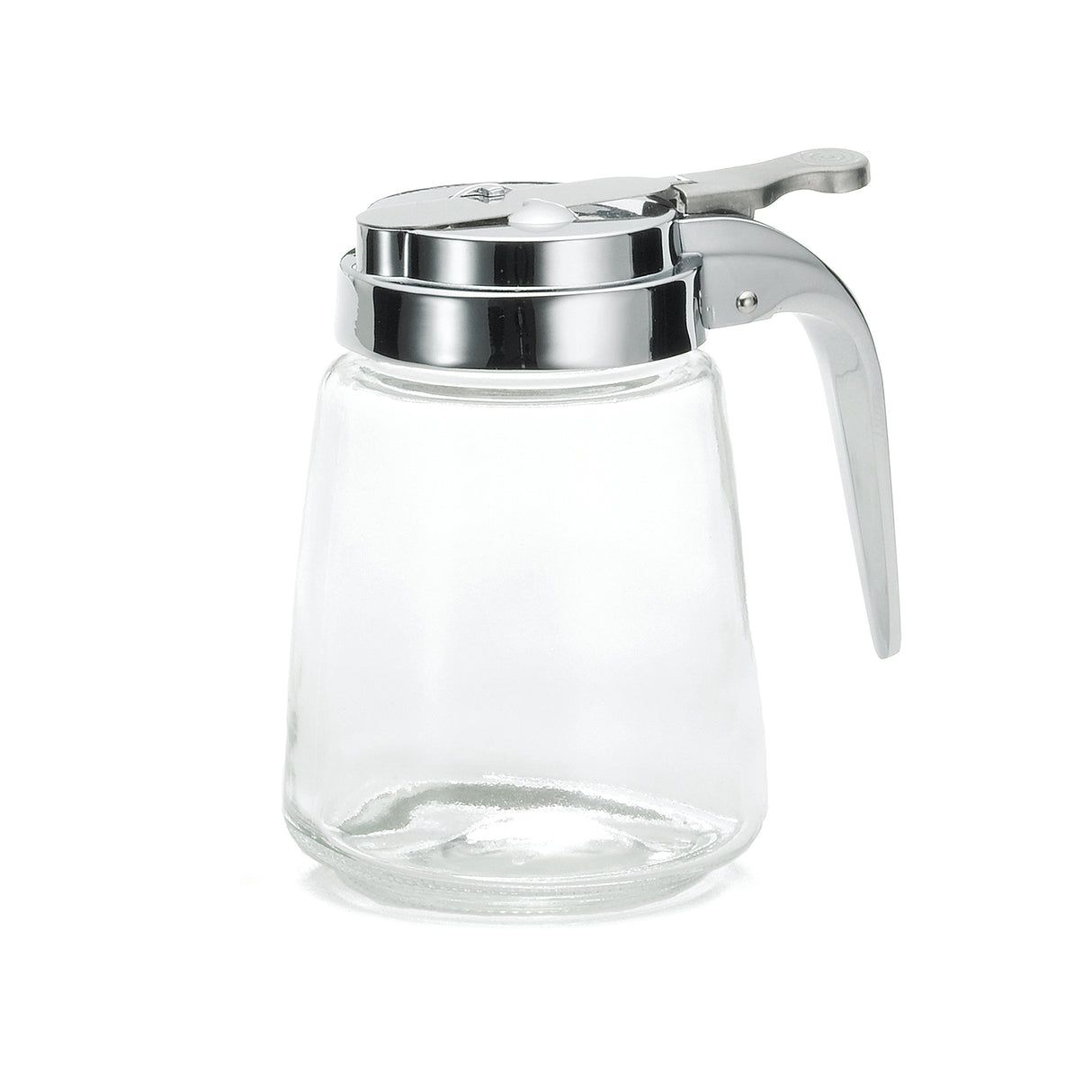 This Modern Glass Dispenser holds 8 oz. and features a silver metal lid with a lever for easy pouring. Dishwasher safe, it’s empty and displayed against a plain white background.