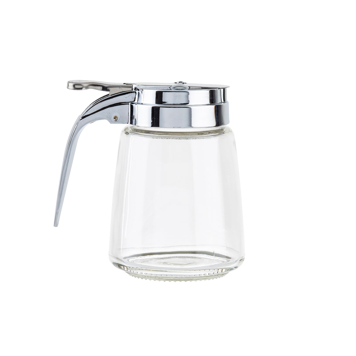 A clear 8 oz. Modern Glass Dispenser with a silver-colored metal lid and handle, shown against a plain white background. Featuring a hinged lever for pouring, this simple and functional jar is also dishwasher safe for easy cleaning.