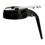 A black and silver metal tortilla press by TableCraft Products features a long handle for leverage. Its flat, circular base and matching top plate are connected by a hinge, making it both sturdy and dishwasher safe for easy cleanup.