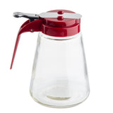 A clear glass dispenser with a red ABS top and silver metal lever for easy pouring. Its tapered shape widens at the bottom, and the container is empty. This stylish dispenser sits on a white background and is dishwasher safe.