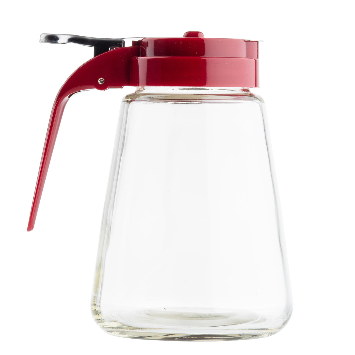 A clear glass dispenser with a wide base and narrow neck, topped with a red ABS top and an attached metal lever for pouring. The dishwasher safe dispenser is empty and set against a plain white background.