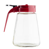 A clear glass dispenser with a wide base and narrow neck, topped with a red ABS top and an attached metal lever for pouring. The dishwasher safe dispenser is empty and set against a plain white background.