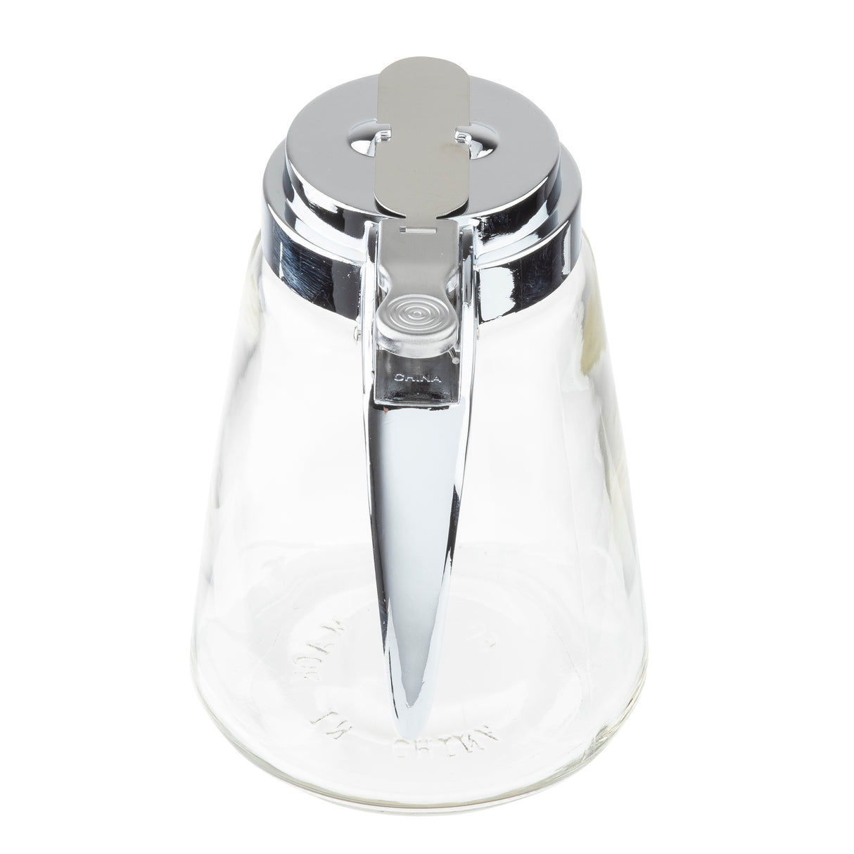 A clear glass dispenser with a chrome plated top and handle is shown. The lid has a lever for easy pouring, and the base is wide and stable. Made in the USA is embossed on the bottom. TableCraft quality, set against a white background.