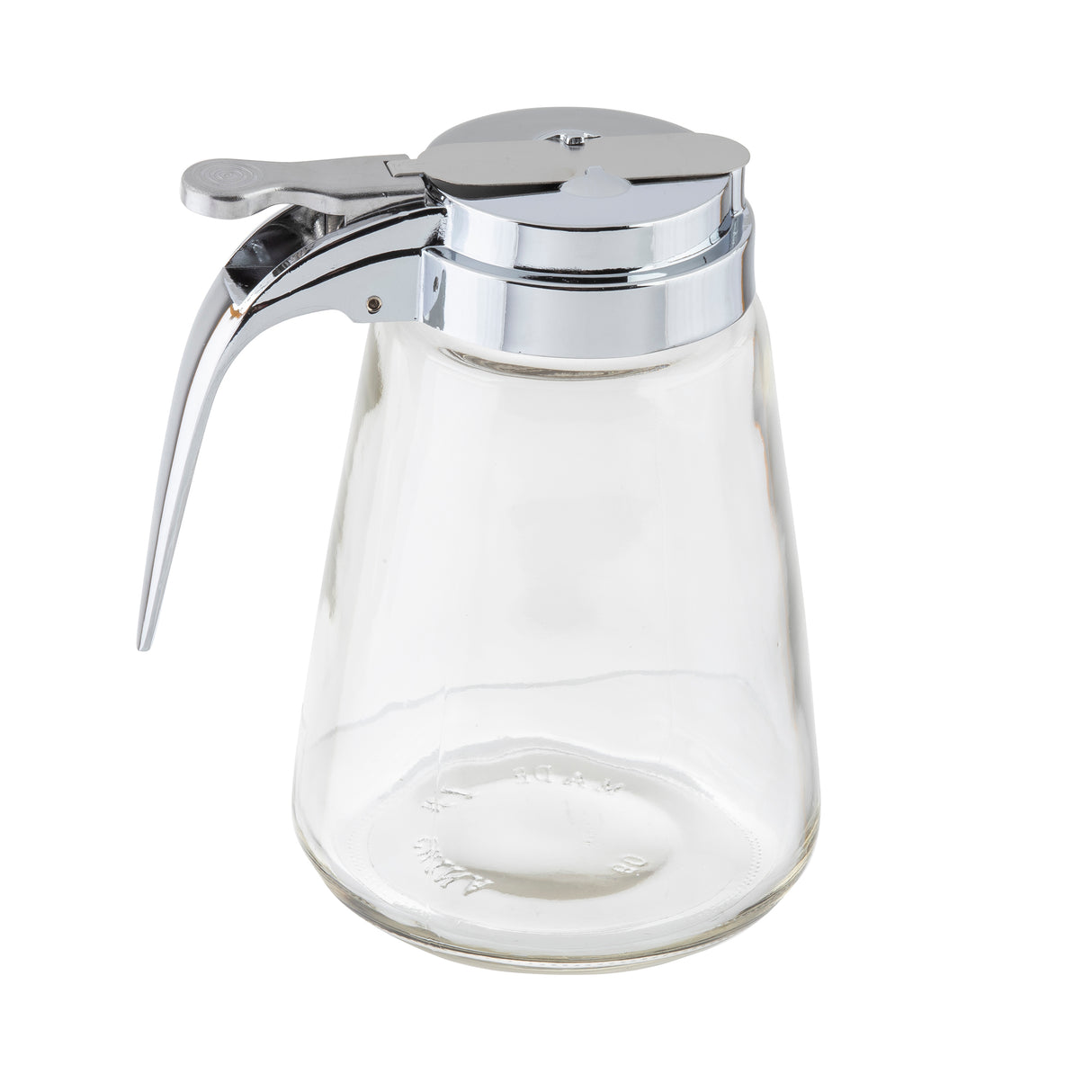 A clear glass dispenser by TableCraft with a chrome plated top and lever is shown on a white background. It features a wide, round base that tapers upward and a hinged, spouted lid designed for easy pouring.