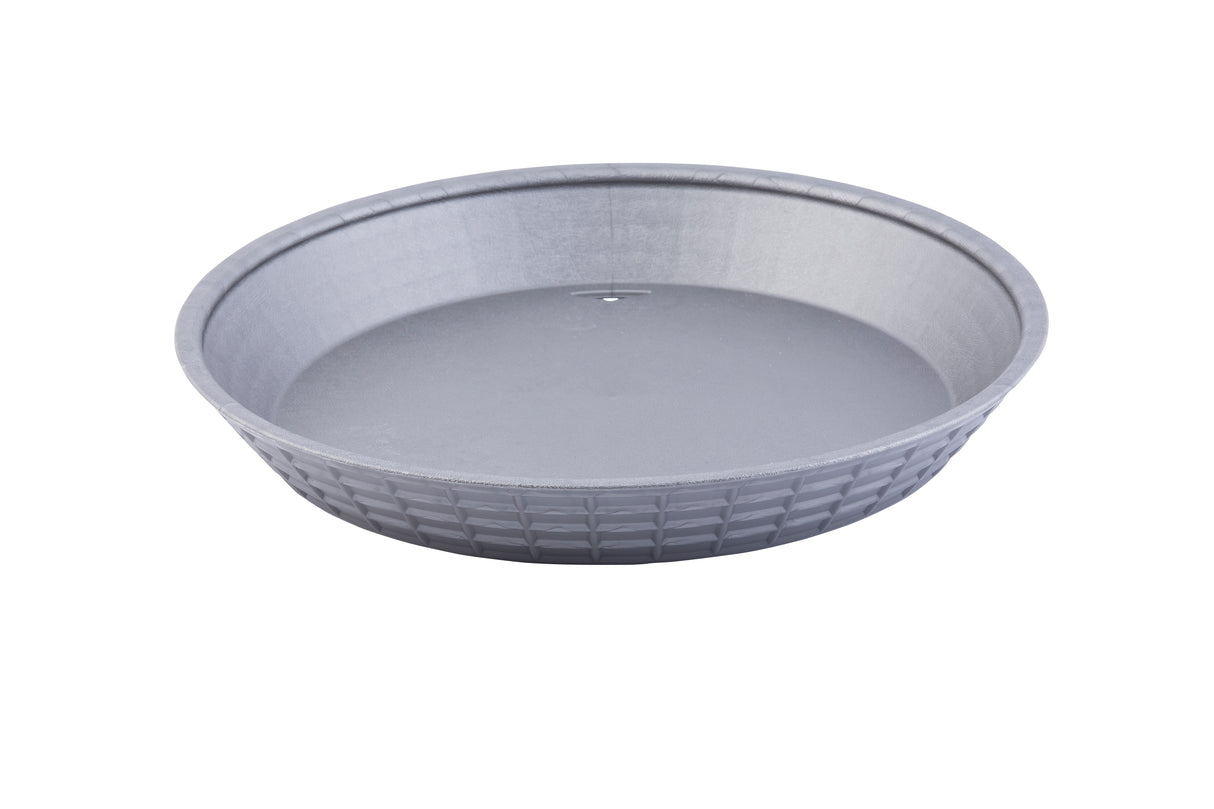 A round, shallow, gray bowl with a textured, grid-patterned outer surface and a smooth inner surface. This heat resistant bowl appears to be made of plastic or a similar material and is empty, shown against a white background.
