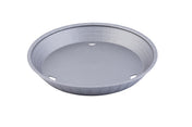 A round, shallow, light gray plastic plant saucer with a textured outer rim and three small triangular drainage holes spaced evenly around the base. Heat resistant and dishwasher safe. The background is plain white.
