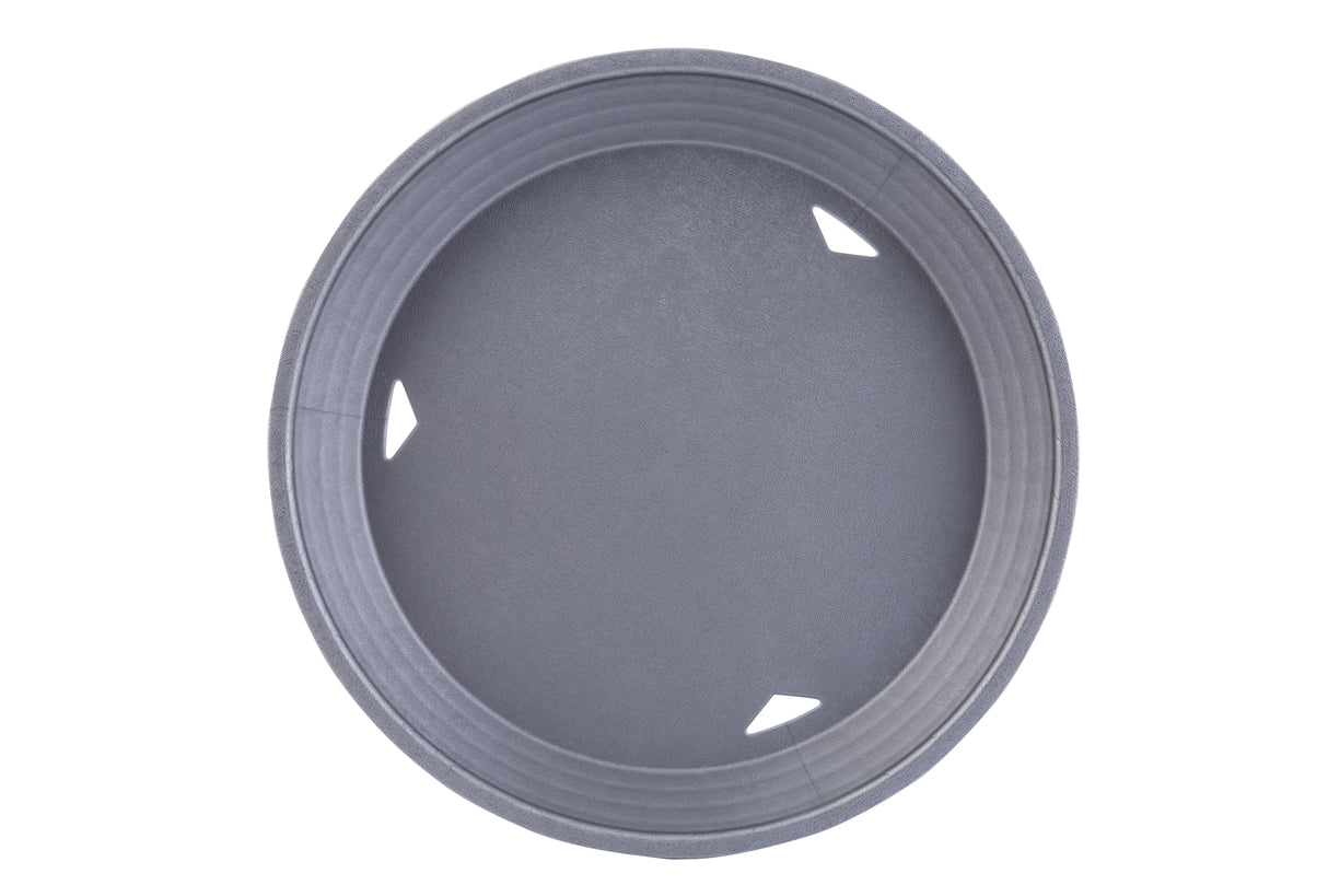 A round, gray, plastic tray with a slightly raised edge and three small, triangular cut-out handles spaced evenly near the rim. This heat resistant platter basket features a smooth surface and is photographed from above on a white background.