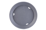 A round, gray, plastic tray with a slightly raised edge and three small, triangular cut-out handles spaced evenly near the rim. This heat resistant platter basket features a smooth surface and is photographed from above on a white background.