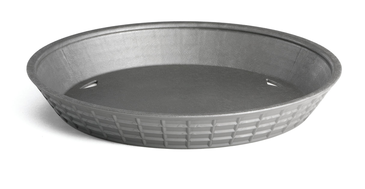 A round, gray plastic platter basket with a textured, grid-like pattern on the sides and a smooth base, shown empty on a white background. This heat resistant design is also dishwasher safe for easy cleaning.