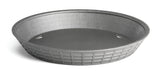 A round, gray plastic platter basket with a textured, grid-like pattern on the sides and a smooth base, shown empty on a white background. This heat resistant design is also dishwasher safe for easy cleaning.