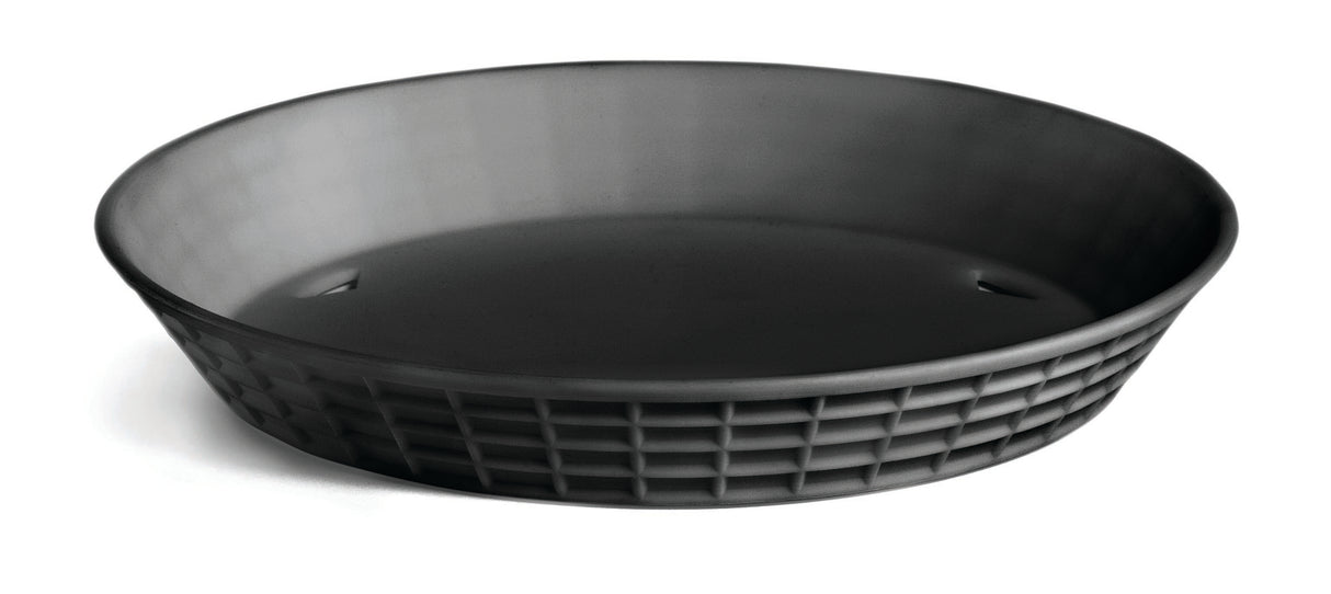 A black, round, plastic Platter Basket with a textured, grid-like pattern on the outside sits on a white background. The basket has slightly tapered sides, a smooth interior, and is microwave safe for added convenience.