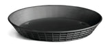 A black, round, plastic Platter Basket with a textured, grid-like pattern on the outside sits on a white background. The basket has slightly tapered sides, a smooth interior, and is microwave safe for added convenience.