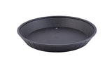 A round, black, heat resistant plastic Platter Basket with slightly sloped sides and a subtle grid pattern on the outer surface. Photographed from above on a white background, it features a small circular drainage hole near the center.