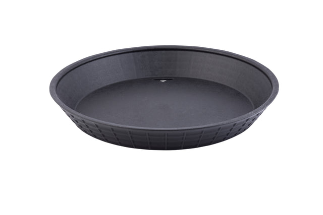 A round, black, heat resistant plastic Platter Basket with slightly sloped sides and a subtle grid pattern on the outer surface. Photographed from above on a white background, it features a small circular drainage hole near the center.