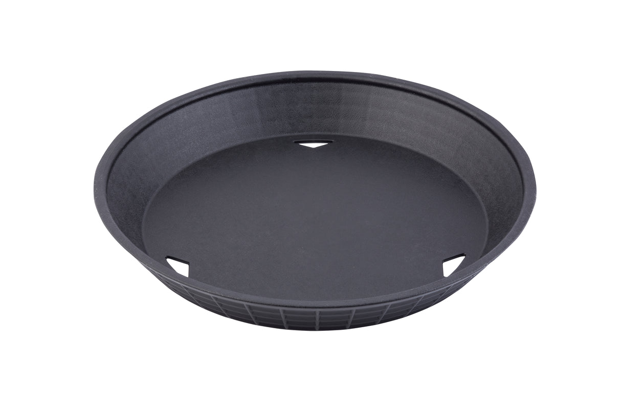 A round, black plastic plant pot saucer with slightly angled sides and three small triangular drainage holes near the base. The smooth, heat resistant surface makes it practical and durable. Saucer is set against a white background.