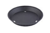 A round, black plastic plant pot saucer with slightly angled sides and three small triangular drainage holes near the base. The smooth, heat resistant surface makes it practical and durable. Saucer is set against a white background.