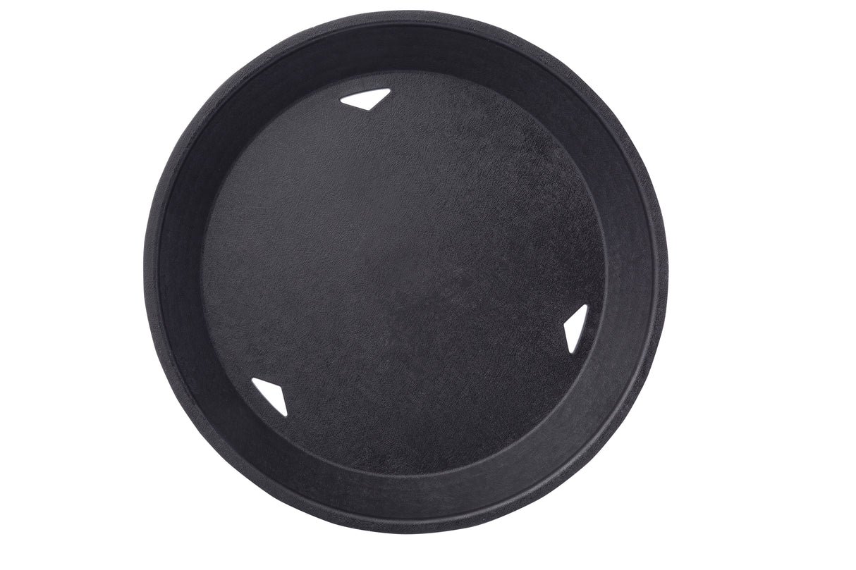 A round, black plastic plant pot saucer seen from above. The heat resistant saucer has a textured surface and three triangular drainage holes evenly spaced near the curved edge. The white background highlights the saucer's shape and details.