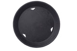 A round, black plastic plant pot saucer seen from above. The heat resistant saucer has a textured surface and three triangular drainage holes evenly spaced near the curved edge. The white background highlights the saucer's shape and details.