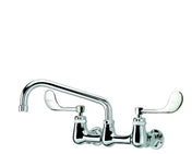 A shiny chrome wall mount faucet with a long swing spout and two lever handles. The left handle has a red mark for hot water, the right has a blue mark for cold. Vandal resistant design. The background is plain white.