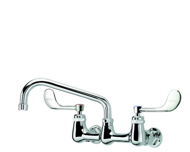 A shiny chrome wall mount faucet with a long swing spout and two lever handles. The left handle has a red mark for hot water, the right has a blue mark for cold. Vandal resistant design. The background is plain white.