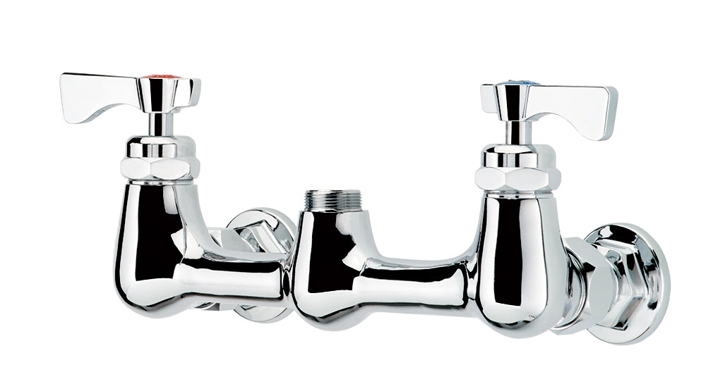 Chrome-finished Krowne Royal Series Faucet Body features a splash-mounted faucet with dual taps—red for hot, blue for cold—and a central threaded outlet, all low lead compliant and set against a white background.