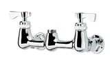 Chrome-finished Krowne Royal Series Faucet Body features a splash-mounted faucet with dual taps—red for hot, blue for cold—and a central threaded outlet, all low lead compliant and set against a white background.