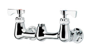 Chrome-finished Krowne Royal Series Faucet Body features a splash-mounted faucet with dual taps—red for hot, blue for cold—and a central threaded outlet, all low lead compliant and set against a white background.