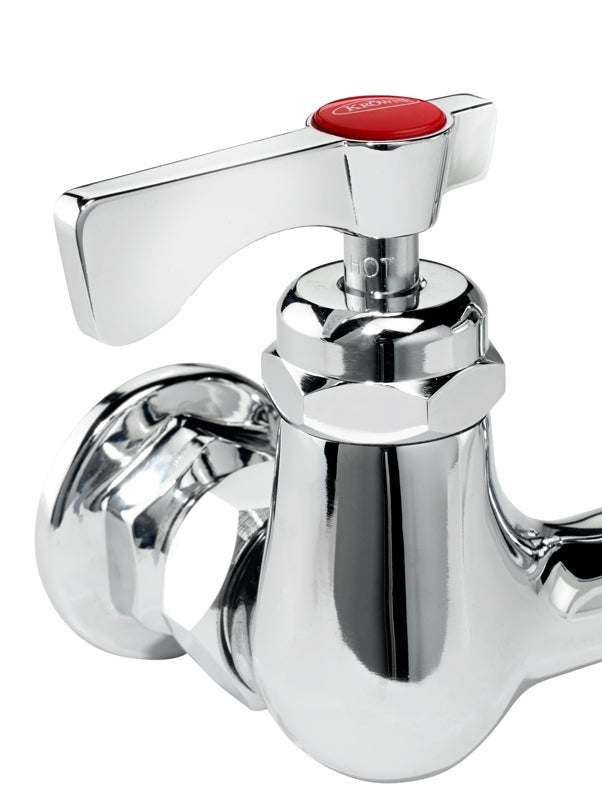Close-up of a shiny chrome Krowne Royal Series Faucet Body with a flat, angular handle and a red “HOT” button. This NSF compliant, splash-mounted faucet is attached to a wall-mounted plumbing fixture for hot water dispensing.