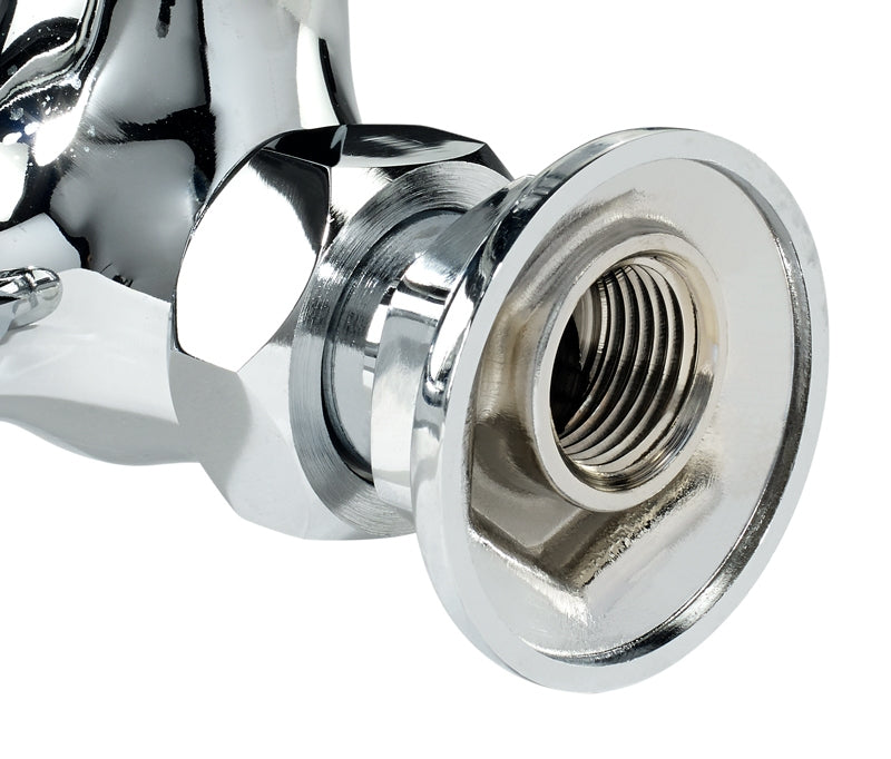Close-up of a shiny chrome NSF compliant plumbing fitting with a hexagonal nut and threaded circular opening, reflecting light. The image highlights the smooth, polished surface and precise internal threading ready for connection.