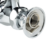 Close-up of a shiny chrome NSF compliant plumbing fitting with a hexagonal nut and threaded circular opening, reflecting light. The image highlights the smooth, polished surface and precise internal threading ready for connection.