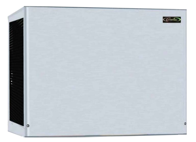 A rectangular, metallic air ventilation unit with a plain light gray front panel, black vents on the left side, and a small logo in the top right corner, similar in style to a remote condenser for a nugget-style ice maker. The unit is set against a plain, light background.