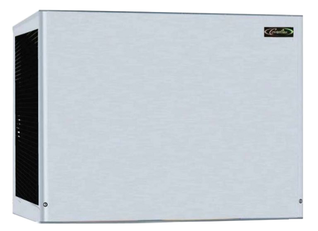 A rectangular, metallic air ventilation unit with a plain light gray front panel, black vents on the left side, and a small logo in the top right corner, similar in style to a remote condenser for a nugget-style ice maker. The unit is set against a plain, light background.