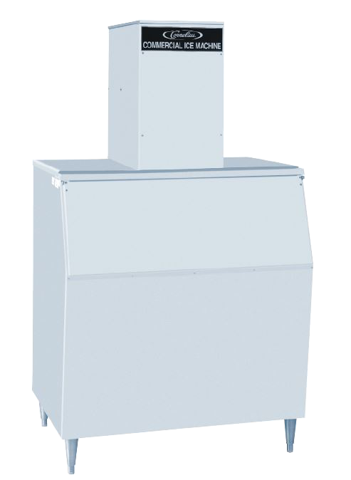 A large, rectangular commercial nugget-style ice maker with angled front door, four metal legs, and a tall box housing labeled "Commercial Ice Machine" on top. The light gray machine stands against a plain, light background.