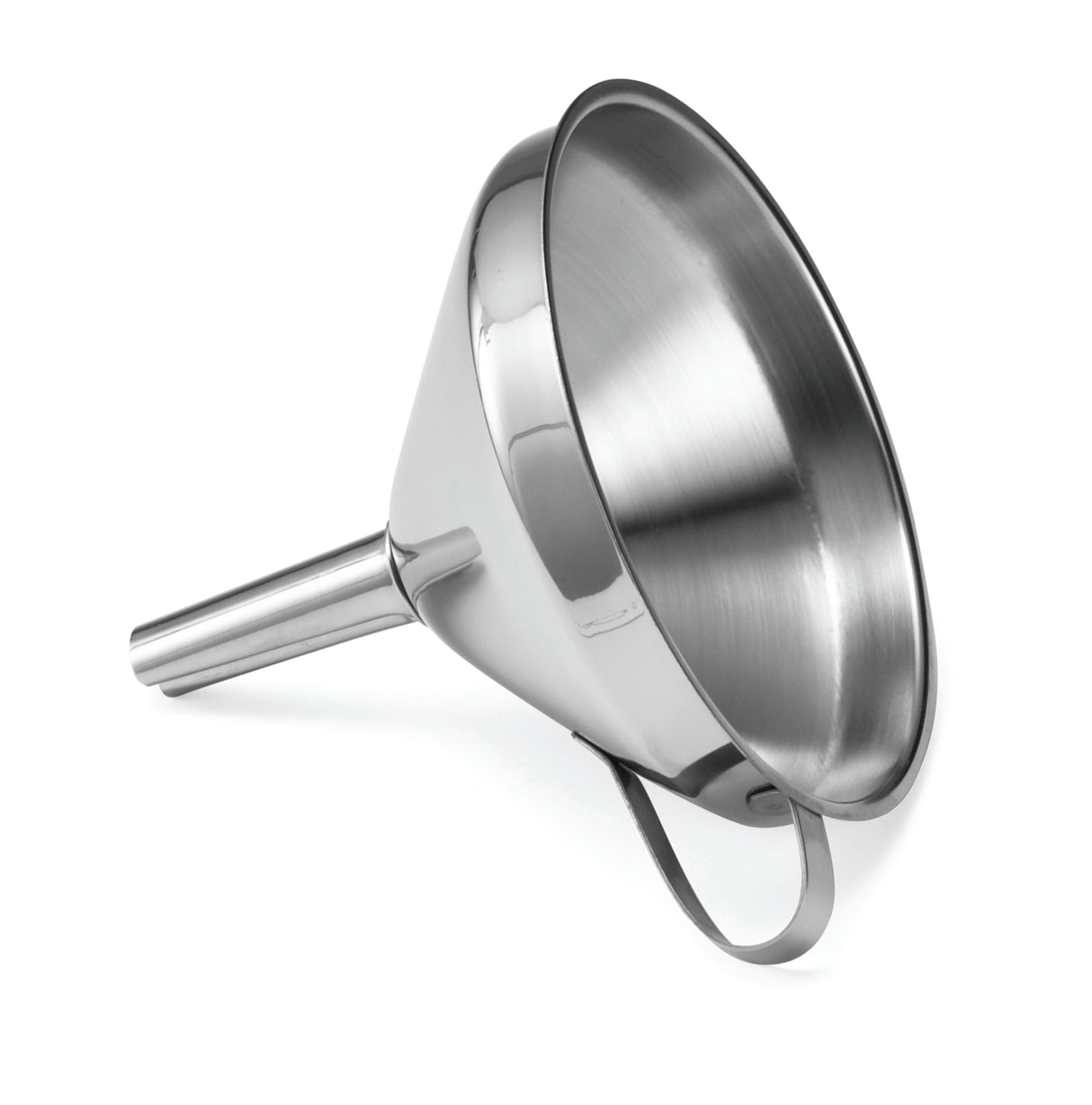A shiny stainless steel funnel with a wide, round top and a narrow spout. The funnel is angled and features a curved handle for easy gripping and pouring. This durable, dishwasher safe design stands out against the plain white background.
