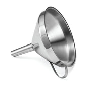 A shiny stainless steel funnel with a wide, round top and a narrow spout. The funnel is angled and features a curved handle for easy gripping and pouring. This durable, dishwasher safe design stands out against the plain white background.