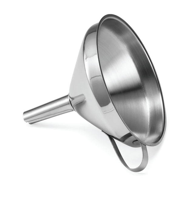 A shiny stainless steel funnel with a wide, round top and a narrow spout. The funnel is angled and features a curved handle for easy gripping and pouring. This durable, dishwasher safe design stands out against the plain white background.