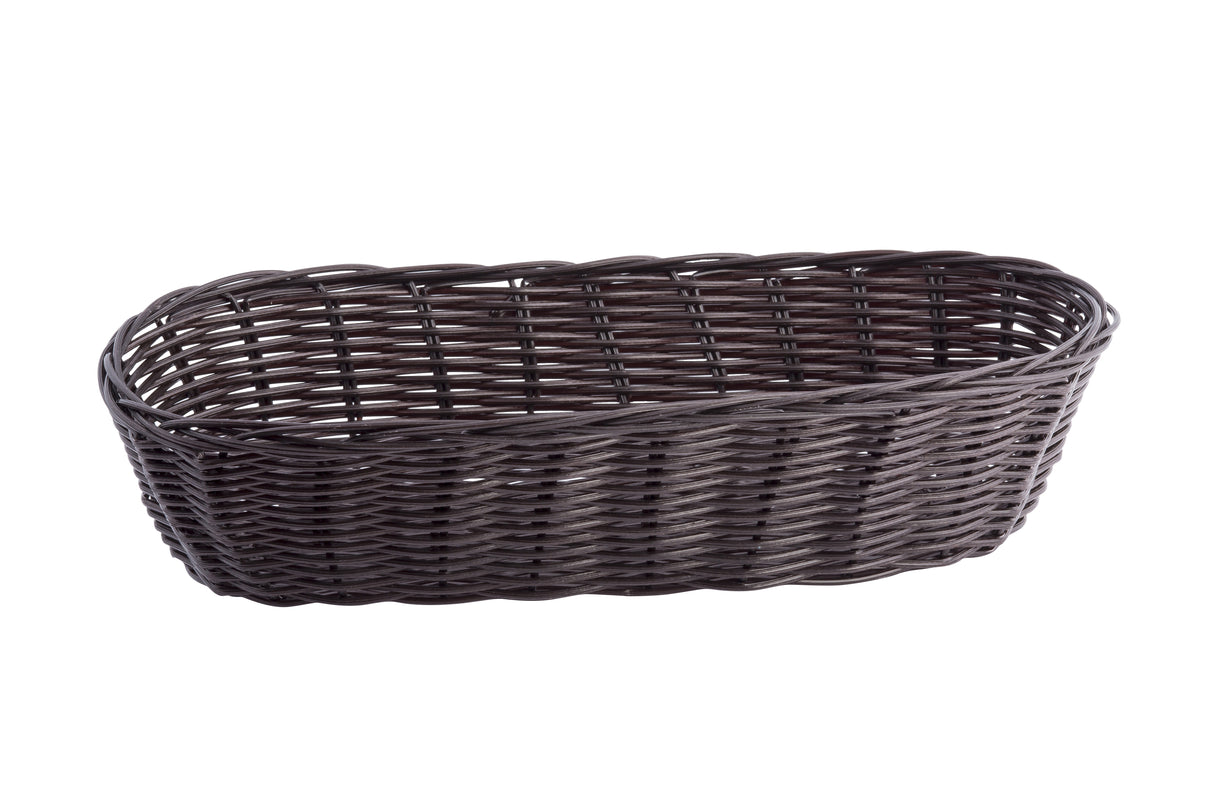 A dark brown, oval-shaped hand-woven wicker basket with a woven pattern. The basket has an open top, curved sides, and no handles. The plain white background highlights the basket’s texture and simple design.