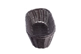 A dark brown, oval-shaped polypropylene basket with a hand-woven pattern, viewed from above on a white background. The basket has open sides and a solid, tightly-woven base.