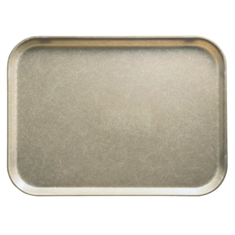 A rectangular, metallic Camtray with rounded corners and slightly raised edges. Made from high-impact fiberglass, its textured, brushed surface is both reflective and durable. The tray is empty and photographed against a plain white background.