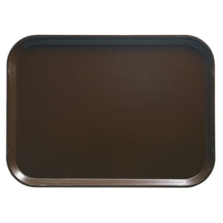 A rectangular, dark brown Camtray serving tray with slightly raised, rounded edges is photographed from above against a light background. Crafted from high-impact fiberglass, this dishwasher safe tray has a smooth, glossy surface and is empty.