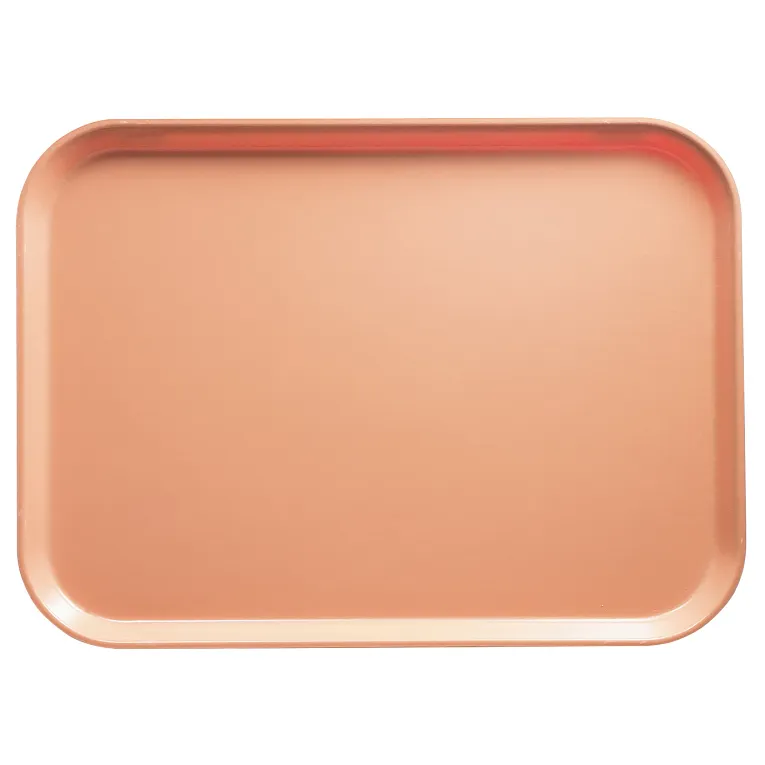 A rectangular, flat Camtray with rounded corners and a smooth, shiny rose gold surface, this dishwasher safe tray is viewed from above against a plain white background.