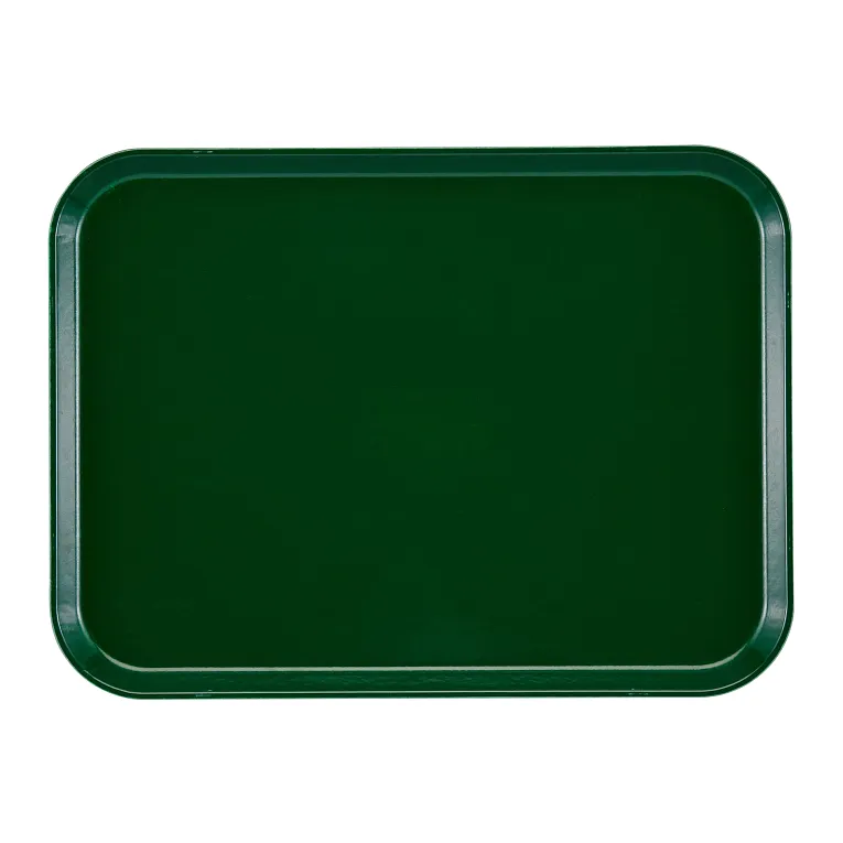 A rectangular dark green Camtray fiberglass tray with raised edges and rounded corners, placed on a light gray background. The tray appears clean, empty, and has a smooth, matte surface that is durable and dishwasher safe.