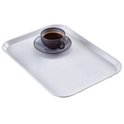 A dark ceramic cup filled with black coffee sits on a matching saucer, placed on a high-impact fiberglass tray with rounded edges, set against a plain white background.