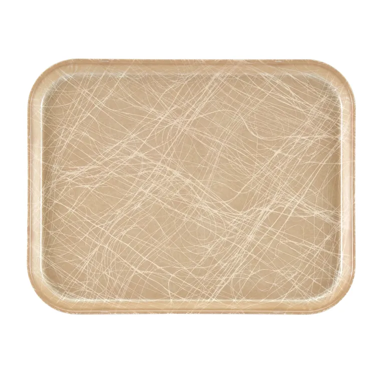 A rectangular tan Camtray cafeteria tray with rounded corners, featuring a glossy surface covered in thin, intersecting white scratch marks. This dishwasher safe tray is empty and set against a plain white background.
