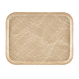 A rectangular tan Camtray cafeteria tray with rounded corners, featuring a glossy surface covered in thin, intersecting white scratch marks. This dishwasher safe tray is empty and set against a plain white background.